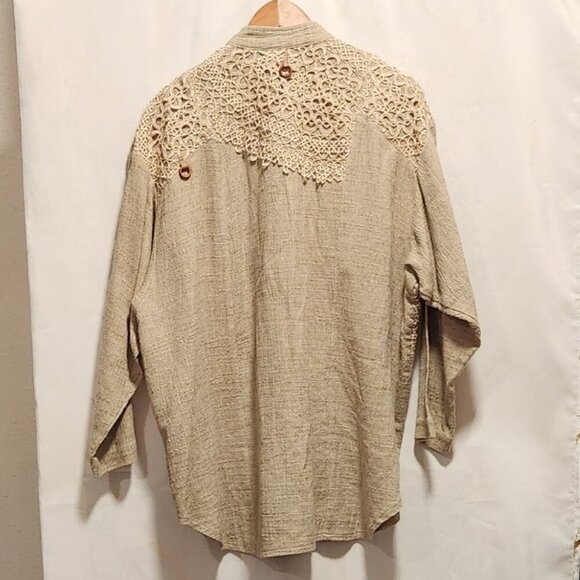 Vintage Lim's Women's OS Fits All Tan Blouse Crochet Lace Button Down Cotton USA - Picture 9 of 11